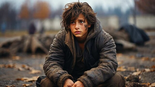 Homeless child crying for his family / Military soldiers killed her family and they destroyed their houses