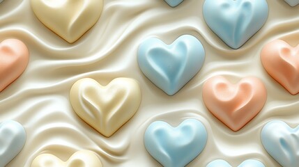 Obraz premium A pastel heart pattern with hearts in soft hues of baby blue, light coral, and pale yellow, arranged symmetrically on a cream background with smooth,