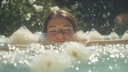 Obraz premium Dreamlike Water Garden Woman Floating Peacefully Amidst Bubbles in Sunlit Floral Setting