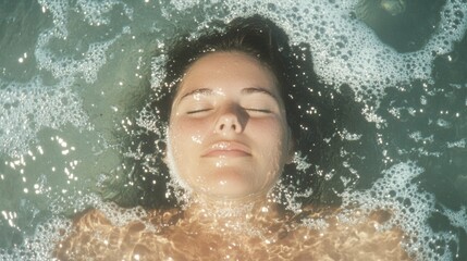 Dreamlike Underwater Portrait of a Young Woman with Bubbles and Floating Light