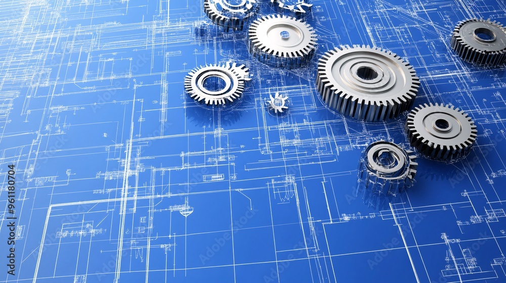 Poster Mechanical engineering blueprint-style gear system with cogs and mechanical parts in flat design Vector look Digital art Large space for text in center Stock Photo with copy space