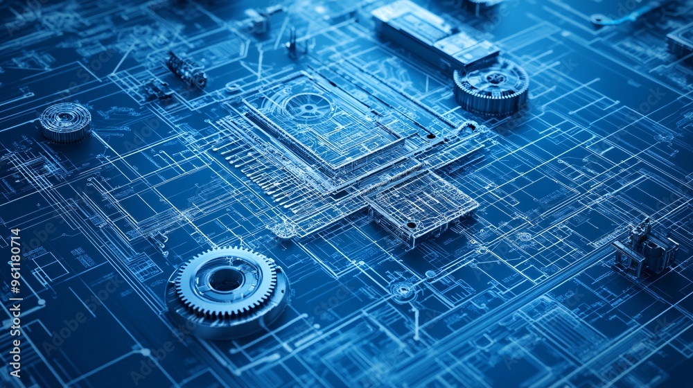 Poster Mechanical engineering blueprint-style gear system with cogs and mechanical parts in flat design Vector look Digital art Large space for text in center Stock Photo with copy space