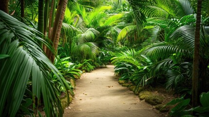 A tropical path surrounded by dense, vibrant green foliage, with lush plants and trees creating a serene, jungle-like atmosphere, enhancing the sense of a tropical environment.

