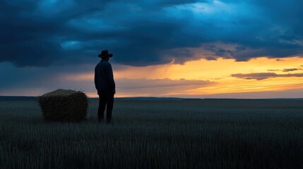 A solitary person, dressed in a hat, observes the colorful sunset illuminating the horizon while standing beside a hay bale in an open field. The sky is filled with rich, moody clouds