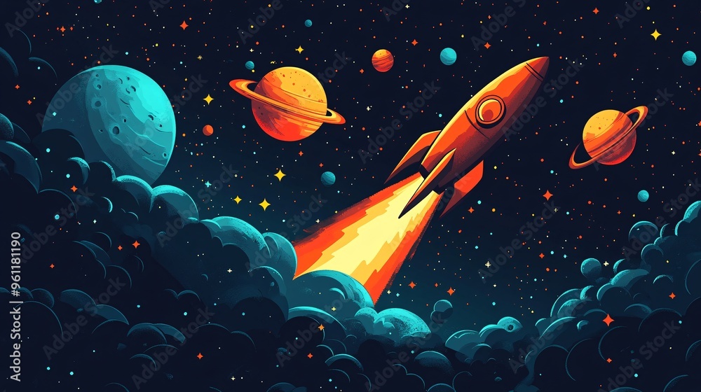 Poster Aerospace vehicle with a rocket launching into space with planets and stars in flat design Vector look Digital art Large space for text in center Stock Photo with copy space