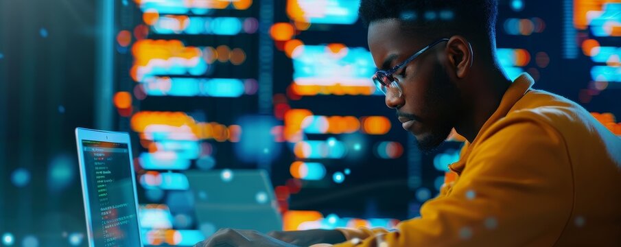 Focused Programmer Working on Laptop in Server Room