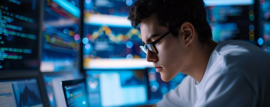 Concentrated Programmer Working Late at Night