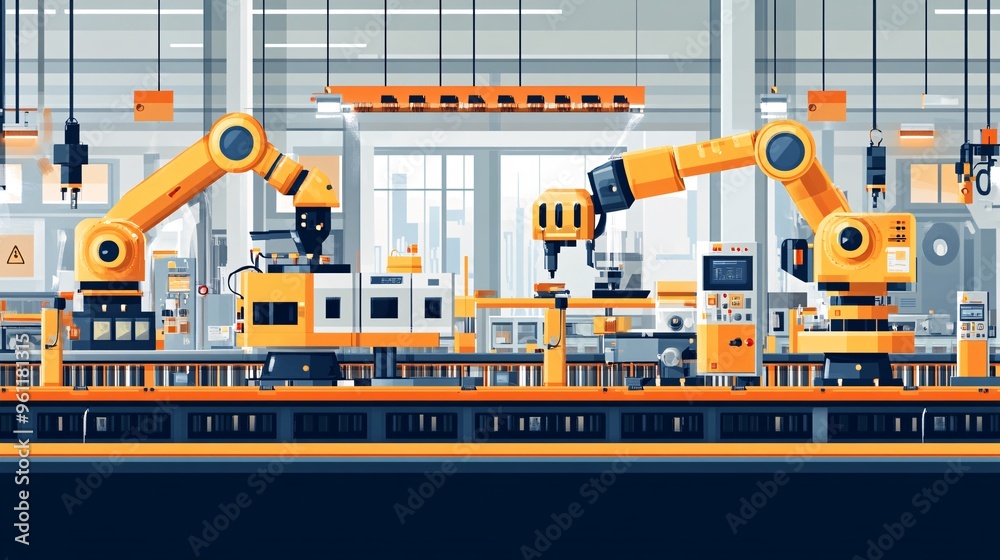 Poster Industrial engineering factory assembly line with robotic arms and machinery in flat design Vector look Digital art Large space for text in center Stock Photo with copy space