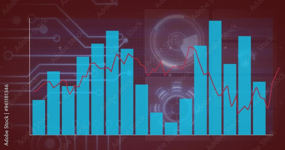 Poster bar and line graph animation over digital circuit board background