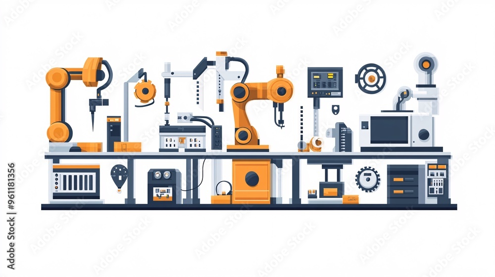 Poster Industrial engineering factory assembly line with robotic arms and machinery in flat design Vector look Digital art Large space for text in center Stock Photo with copy space