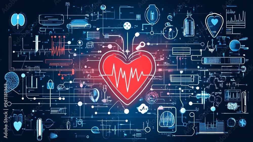 Aufkleber Biomedical engineering with heart monitor and medical tools in flat design Vector look Digital art Large space for text in center Stock Photo with copy space