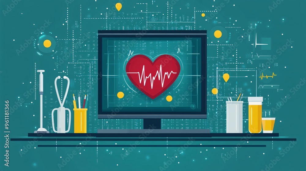 Poster Biomedical engineering with heart monitor and medical tools in flat design Vector look Digital art Large space for text in center Stock Photo with copy space