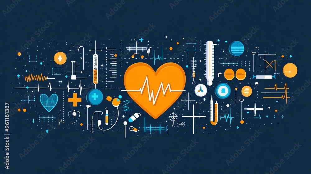 Poster Biomedical engineering with heart monitor and medical tools in flat design Vector look Digital art Large space for text in center Stock Photo with copy space