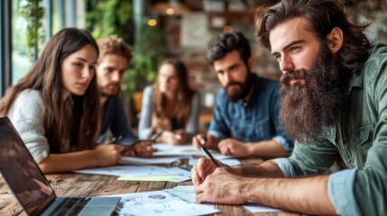 Fototapeta premium A diverse group of five individuals gathers at a wooden table in a cozy cafГ©, actively discussing ideas and taking notes while working on creative projects in the early afternoon light