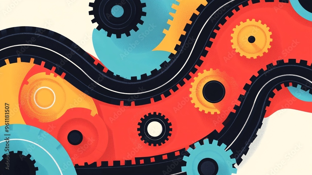 Poster Mechanical engineering conveyor belts and mechanical systems with detailed gears in flat design Vector look Digital art Large space for text in center Stock Photo with copy space