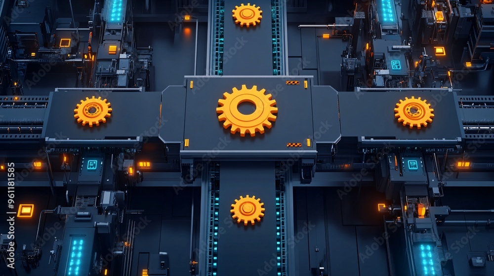 Poster Mechanical engineering conveyor belts and mechanical systems with detailed gears in flat design Vector look Digital art Large space for text in center Stock Photo with copy space