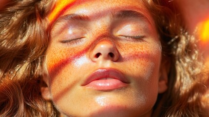 A young woman relaxes with her eyes closed, basking in the warm summer sun. Striking light patterns dance across her skin, creating a serene and artistic moment in nature