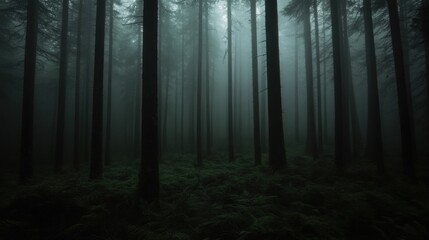 Fototapeta premium A tranquil forest enveloped in thick fog creates an ethereal atmosphere. Tall trees rise from the ground, their silhouettes barely visible amidst the mist, while lush undergrowth fills the area
