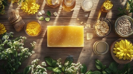 Organic soap-making process, natural ingredients being mixed, 3D illustration