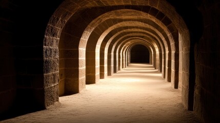 Obraz premium The corridor features several tightly arranged stone arches, creating a captivating passageway illuminated by warm lighting that enhances the rich textures of the ancient walls