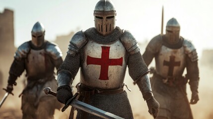 Naklejka premium A group of armored knights advances on a dusty battlefield during a historical reenactment, their swords drawn and determination visible as twilight approaches