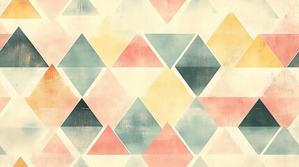 A seamless geometric triangle pattern in soft pastel tones of blush pink, pale yellow, and light teal,