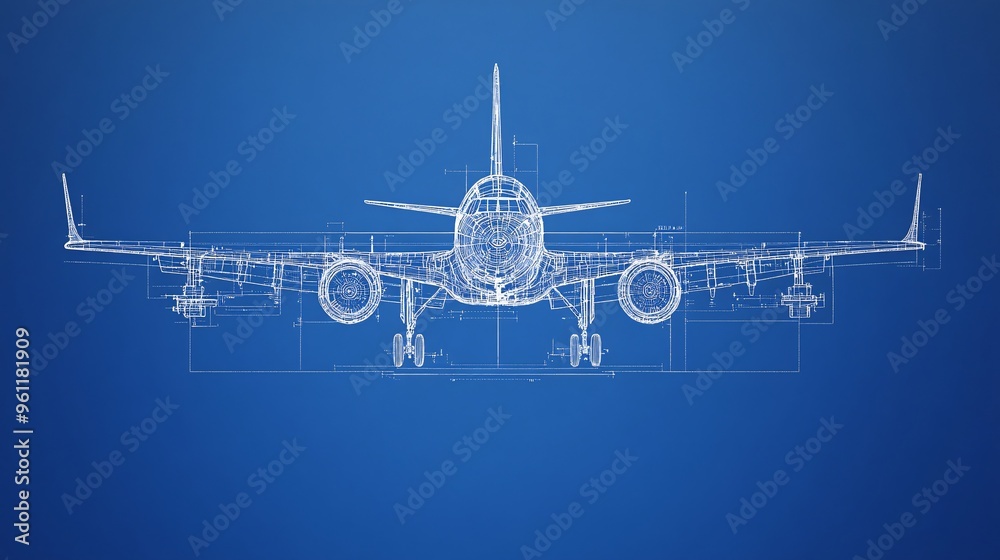 Poster Aerospace engineering aircraft blueprint with cockpit controls and navigation charts in flat design Vector look Digital art Large space for text in center Stock Photo with copy space