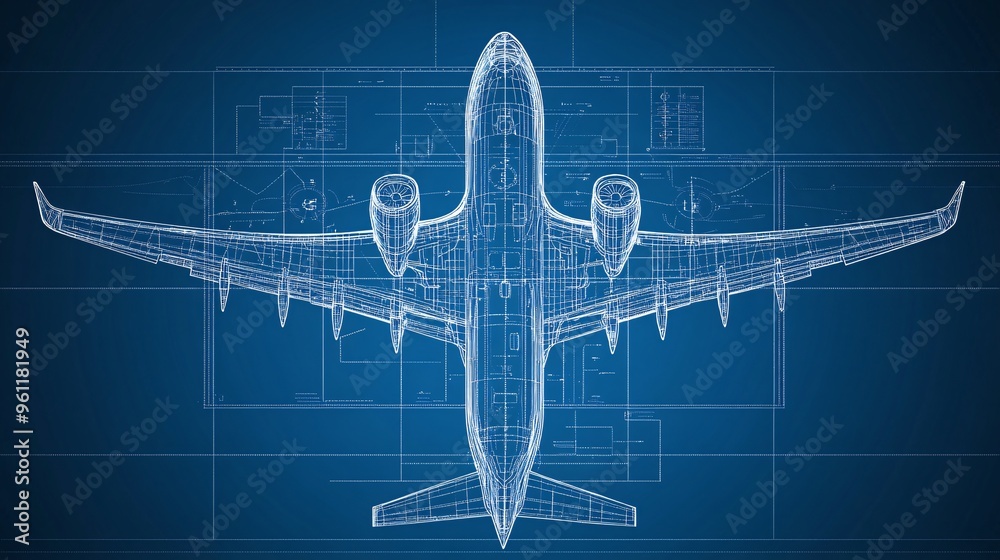 Poster Aerospace engineering aircraft blueprint with cockpit controls and navigation charts in flat design Vector look Digital art Large space for text in center Stock Photo with copy space