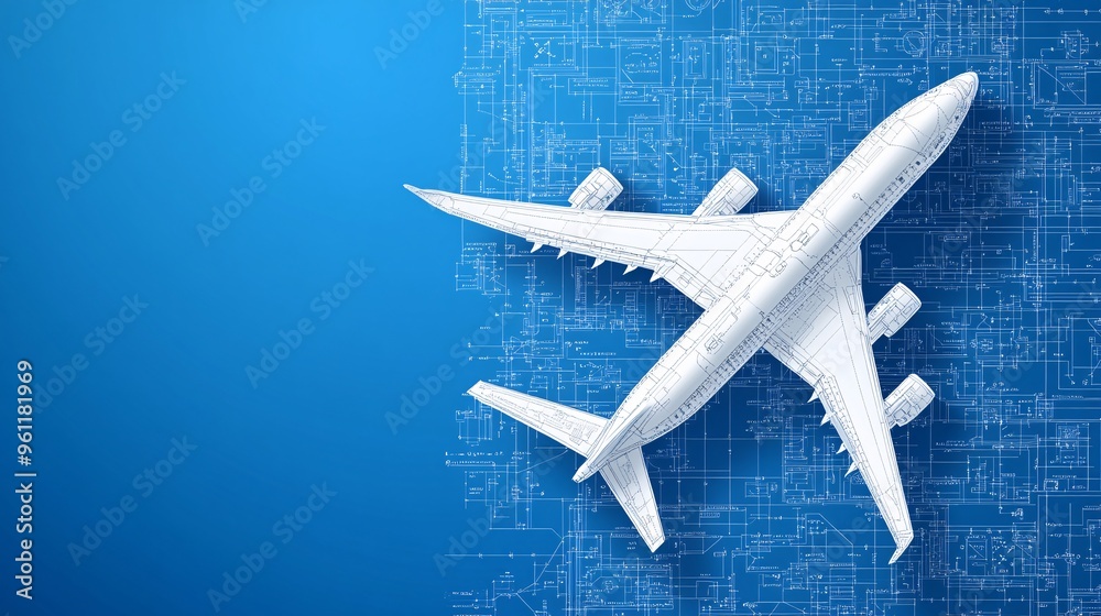 Poster Aerospace engineering aircraft blueprint with cockpit controls and navigation charts in flat design Vector look Digital art Large space for text in center Stock Photo with copy space