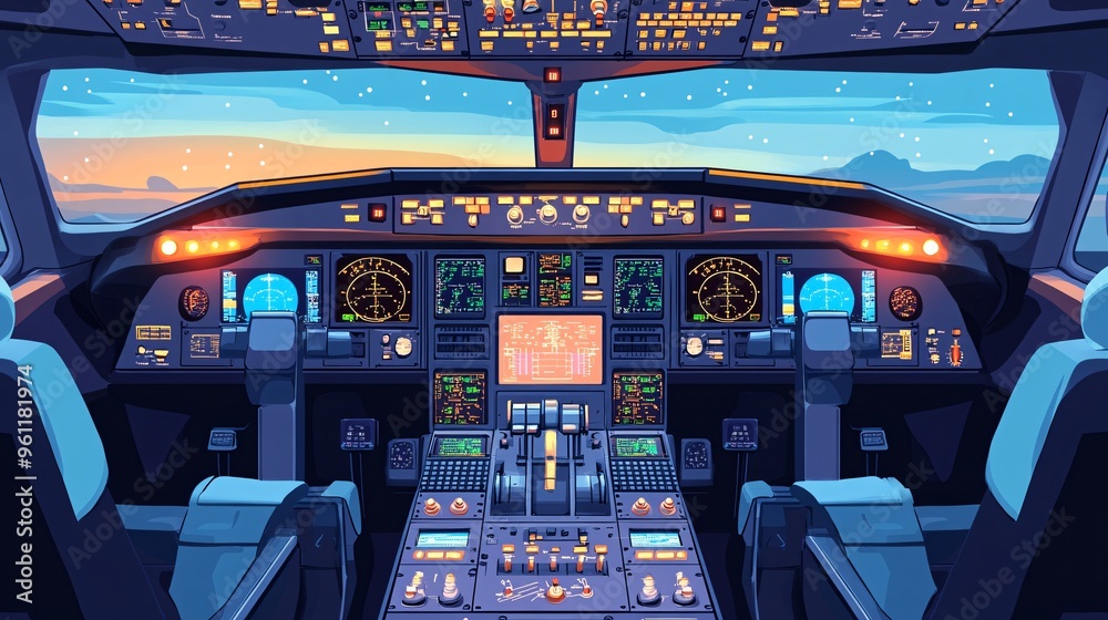 Poster Aerospace engineering aircraft blueprint with cockpit controls and navigation charts in flat design Vector look Digital art Large space for text in center Stock Photo with copy space
