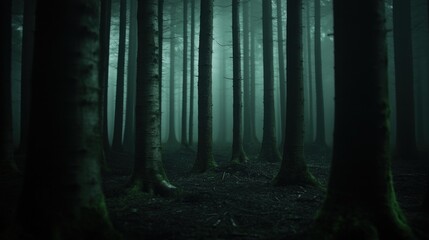Thick fog envelops a tranquil forest at dawn, casting soft light through tall, slender trees while shadows create a mystical atmosphere amongst nature
