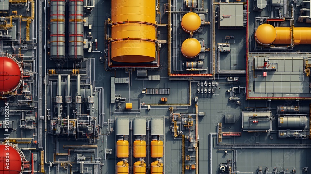 Aufkleber Industrial engineering schematic of production machinery and factory layout in flat design Vector look Digital art Large space for text in center Stock Photo with copy space