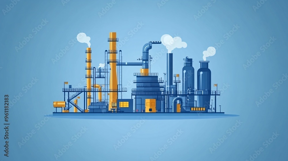 Poster Industrial engineering schematic of production machinery and factory layout in flat design Vector look Digital art Large space for text in center Stock Photo with copy space