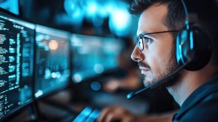 The person is intently analyzing data on several computer screens, surrounded by a dim atmosphere, with a headset on, highlighting a late-night work session focused on digital tasks