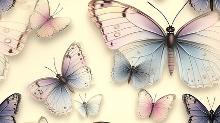 A seamless pastel butterfly pattern with light-colored butterflies in shades of lavender, pale pink, and soft blue, floating across a soft cream background,