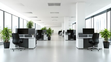 Bright, open office layout features multiple workstations with computers and plants, fostering a productive environment in a contemporary high-rise