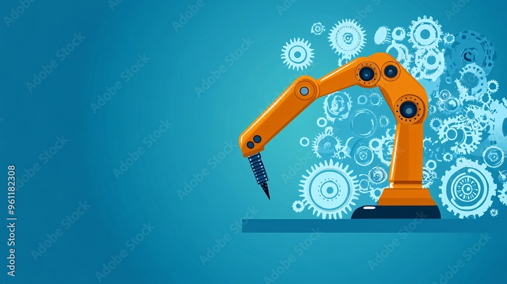 Poster Mechanical engineering robotic arm working on machinery with gears and cogs in flat design Vector look Digital art Large space for text in center Stock Photo with copy space