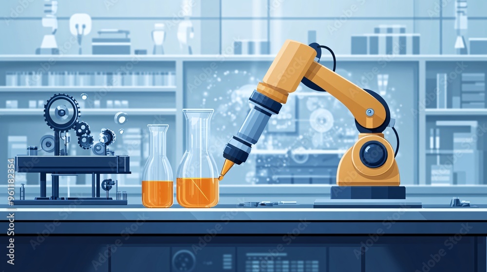 Poster Mechanical engineering robotic arm working on machinery with gears and cogs in flat design Vector look Digital art Large space for text in center Stock Photo with copy space