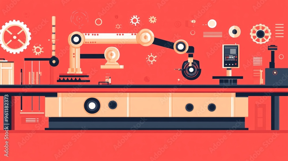 Aufkleber Mechanical engineering robotic arm working on machinery with gears and cogs in flat design Vector look Digital art Large space for text in center Stock Photo with copy space