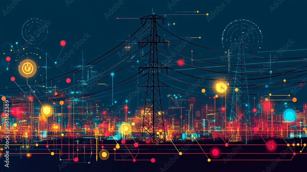 Poster Electrical engineering smart grid system with power lines and energy waves in flat design Vector look Digital art Large space for text in center Stock Photo with copy space