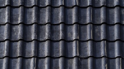 Close-up of traditional black ceramic roof tiles in neat overlapping pattern under sunlight.