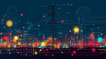 Electrical engineering smart grid system with power lines and energy waves in flat design Vector look Digital art Large space for text in center Stock Photo with copy space