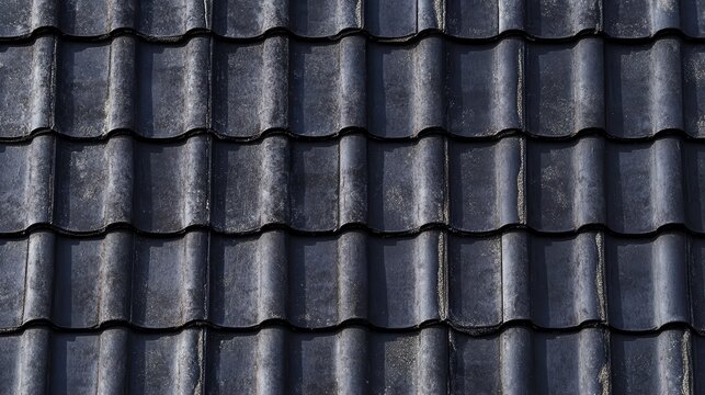 Close-up of traditional black ceramic roof tiles in neat overlapping pattern under sunlight.