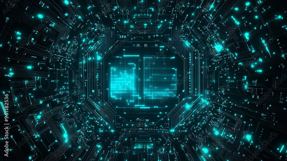 Aufkleber Computer engineering with coding symbols and circuit boards in flat design Vector look Digital art Large space for text in center Stock Photo with copy space