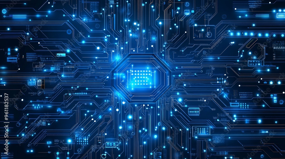 Poster Computer engineering with coding symbols and circuit boards in flat design Vector look Digital art Large space for text in center Stock Photo with copy space