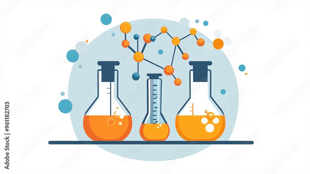Poster chemical engineering molecular structure with chemical apparatus and reactions in flat design vector