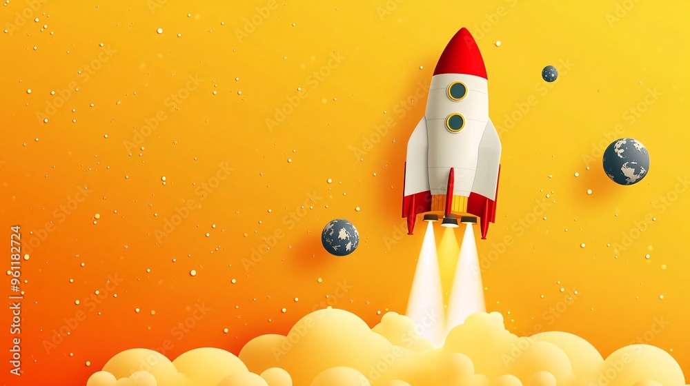 Aufkleber Aerospace engineering spacecraft launch pad and satellite orbits in flat design Vector look Digital art Large space for text in center Stock Photo with copy space