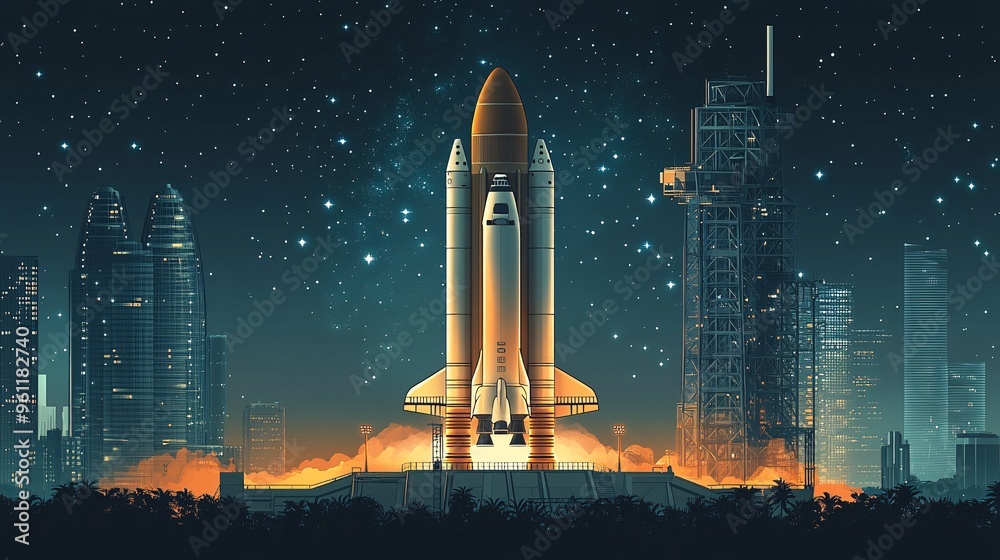Poster Aerospace engineering spacecraft launch pad and satellite orbits in flat design Vector look Digital art Large space for text in center Stock Photo with copy space
