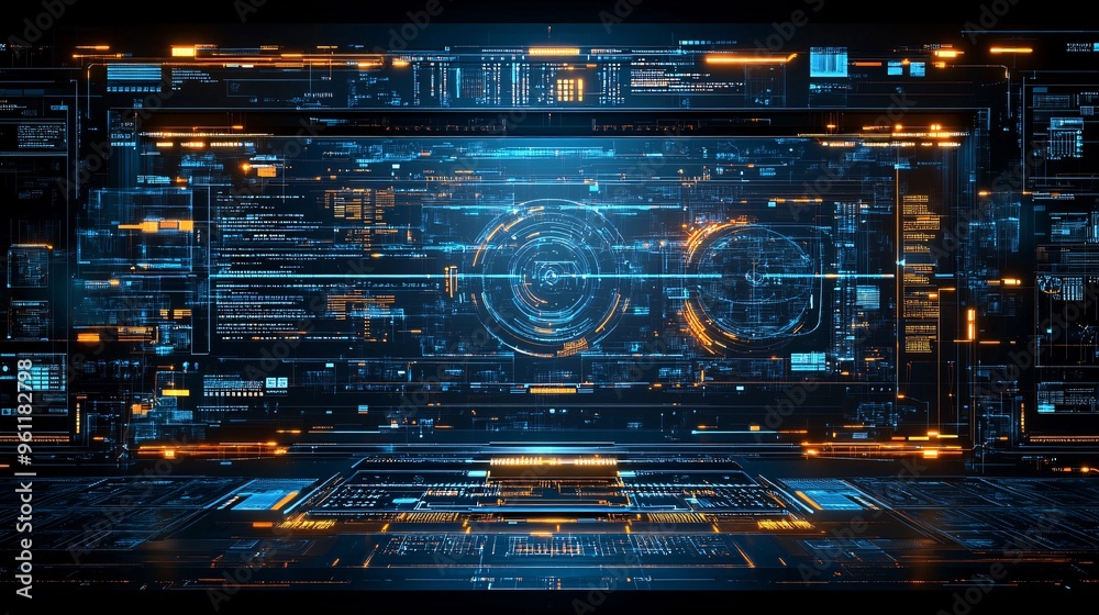 Poster Aerospace engineering spacecraft launch pad and satellite orbits in flat design Vector look Digital art Large space for text in center Stock Photo with copy space