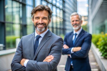 Confident businessmen in suits outside office building